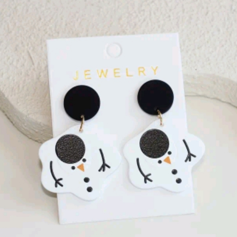 Snowman Earrings for Kids - Black and White
